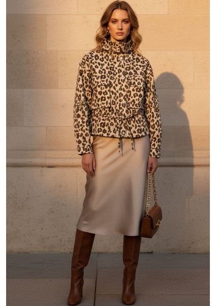 Kadın Leopar Desenli Düğmeli Uzun Kollu Kot Mont Ceket – Yeni Sezon Kadın Ceket