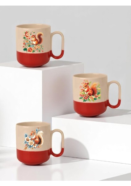 Sincap ve Çiçek Baskılı Kırmızı Tabanlı 3'lü Seramik Kupa Bardak