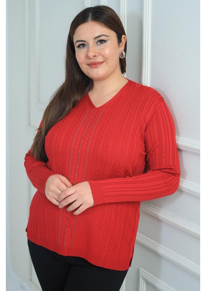 Kadın V Yaka Önü Şerit Taş Baskılı Fitilli Büyük Beden Soğuk Iplik Triko Bluz