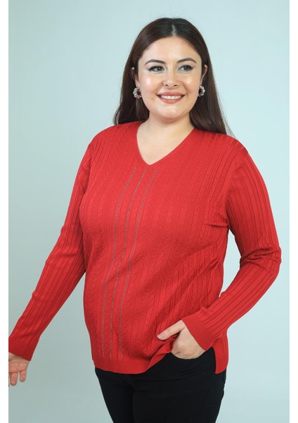 Kadın V Yaka Önü Şerit Taş Baskılı Fitilli Büyük Beden Soğuk Iplik Triko Bluz fiyatları