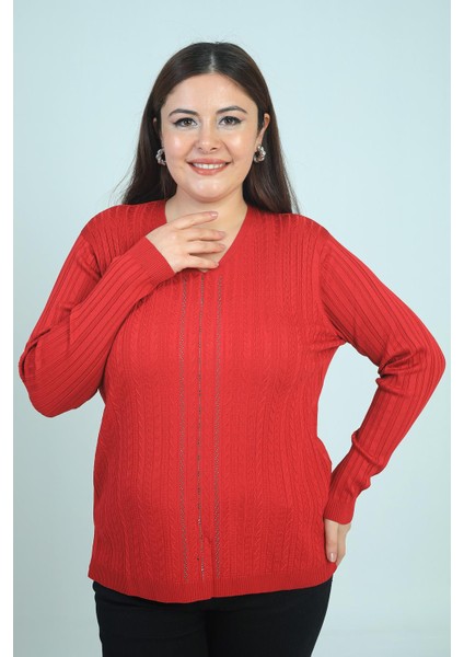 Kadın V Yaka Önü Şerit Taş Baskılı Fitilli Büyük Beden Soğuk Iplik Triko Bluz modelleri