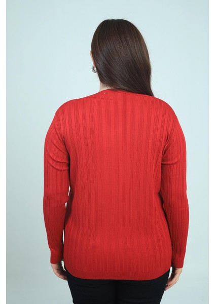 Kadın V Yaka Önü Şerit Taş Baskılı Fitilli Büyük Beden Soğuk Iplik Triko Bluz fırsatları