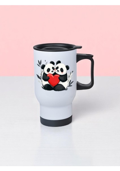 Kalpli Panda Baskılı Kulplu Çelik Bardak Termos 450 ml