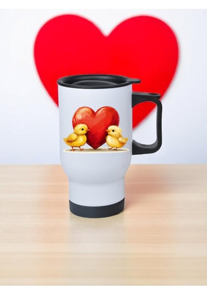 Kalp ve Civcivler Baskılı Kulplu Çelik Bardak Termos 450 ml