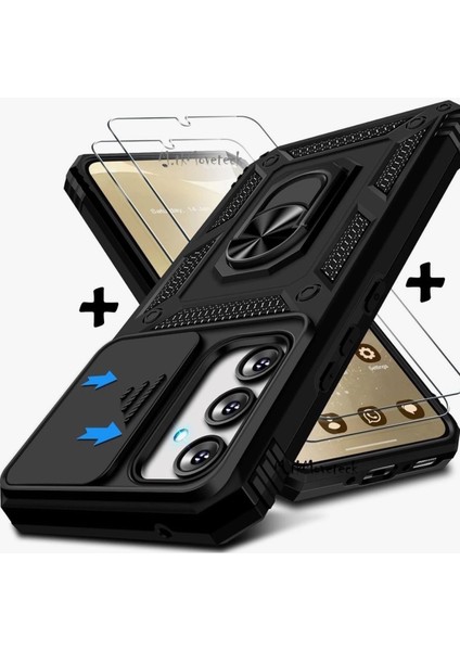 Samsung Galaxy S25 Fe Kılıf Kamera Korumalı Sürgülü Yüzüklü Armor Zırh Tank Kapak + 1 Adet 9h Ekran Koruyucu Cam Set