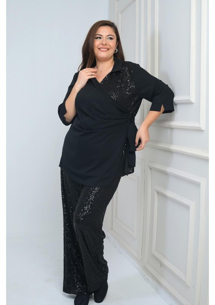 Kadın Kruvaze Polo Yaka Tek Taraf Pullu Krep Şifon Bluz Beli Lastikli Astarlı Bol Paça Pulpayet Pantolon Büyük Beden 2'li Takım fiyatları