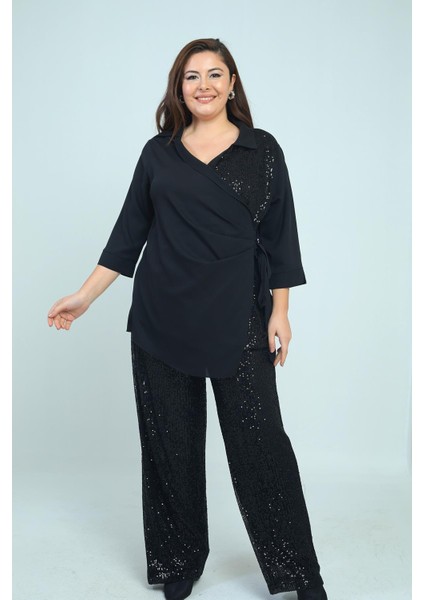 Kadın Kruvaze Polo Yaka Tek Taraf Pullu Krep Şifon Bluz Beli Lastikli Astarlı Bol Paça Pulpayet Pantolon Büyük Beden 2'li Takım modelleri