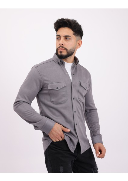 Likralı Scuba Süet Kumaş Uzun Kollu Modern Erkek Gömlek