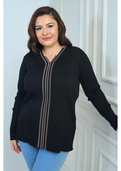 Kadın V Yaka Önü Şeritli Fitilli Soğuk Iplik Büyük Beden Triko Bluz