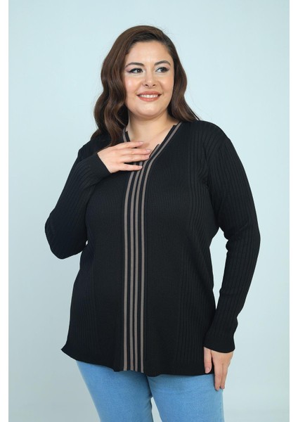 Kadın V Yaka Önü Şeritli Fitilli Soğuk Iplik Büyük Beden Triko Bluz fiyatları