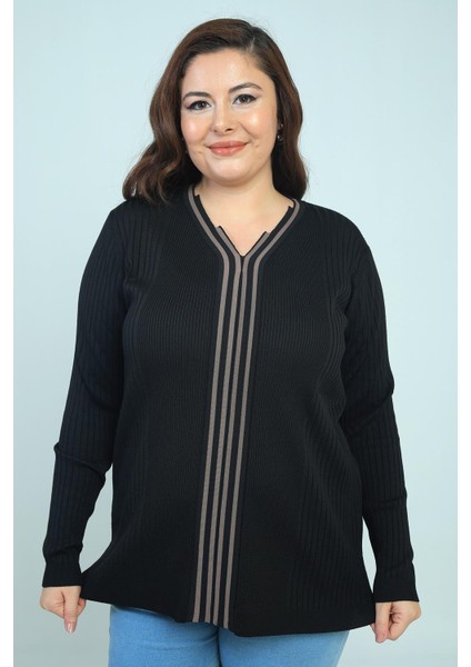 Kadın V Yaka Önü Şeritli Fitilli Soğuk Iplik Büyük Beden Triko Bluz modelleri