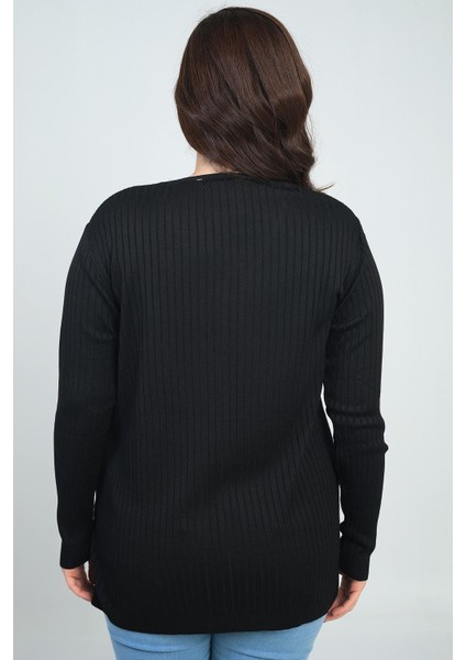 Kadın V Yaka Önü Şeritli Fitilli Soğuk Iplik Büyük Beden Triko Bluz fırsatları