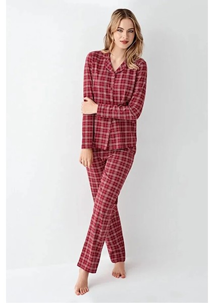 Uzun Kol Önden Düğmeli Ekoseli Kadın Pijama Takım 3447