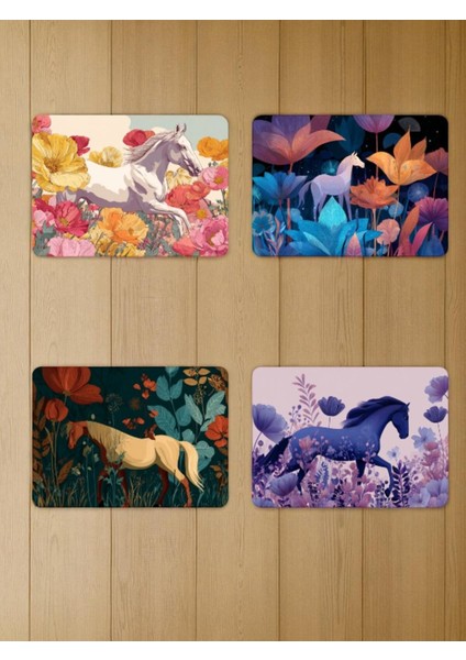 At ve Çiçek Baskılı Mousepad 4'lü Mouse Pad Seti 17X21 cm