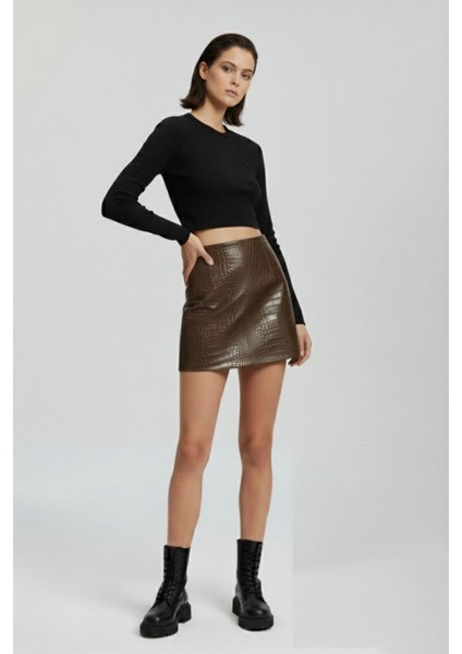 Kahverengi Kroko Desenli Hakiki Deri Mini Etek