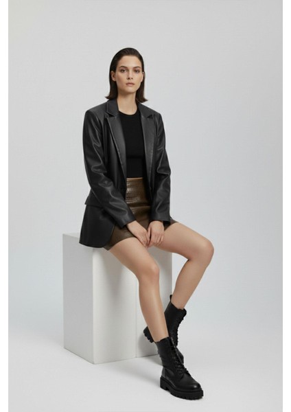 Kahverengi Kroko Desenli Hakiki Deri Mini Etek fiyatları