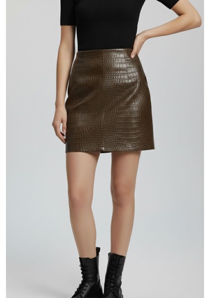Kahverengi Kroko Desenli Hakiki Deri Mini Etek modelleri