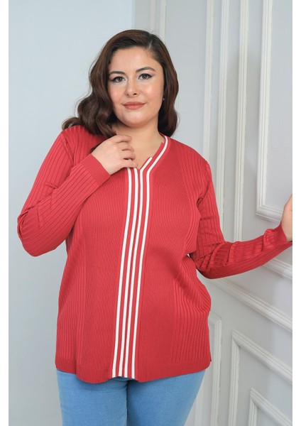 Kadın V Yaka Önü Şeritli Fitilli Soğuk Iplik Büyük Beden Triko Bluz