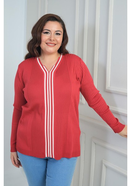 Kadın V Yaka Önü Şeritli Fitilli Soğuk Iplik Büyük Beden Triko Bluz fiyatları