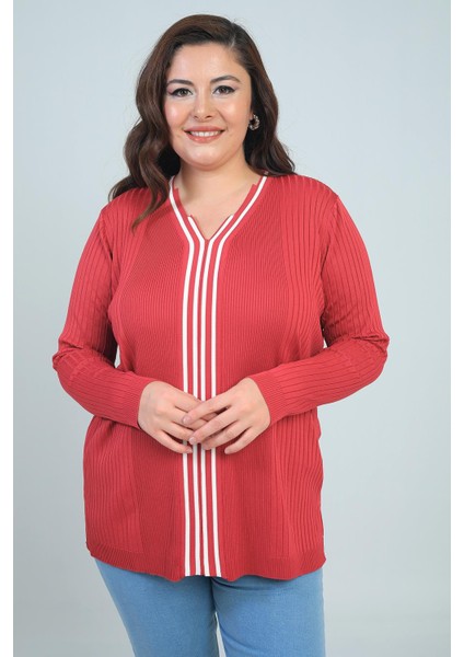 Kadın V Yaka Önü Şeritli Fitilli Soğuk Iplik Büyük Beden Triko Bluz modelleri