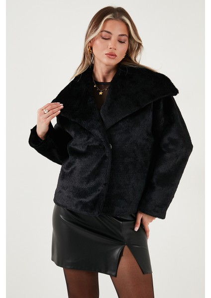 Oversize Geniş Yaka Çıtçıt Düğmeli Astarlı Peluş Mont Bayan Mont 6839623 fırsatları