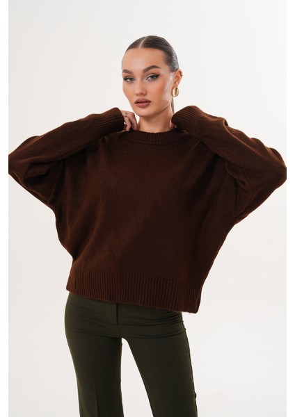 Oversize Bisiklet Yaka Kahverengi Kazak modelleri