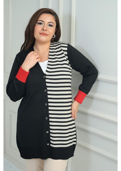 Kadıntek Tarafı Enine Çizgili Büyük Beden Uzun Hırka