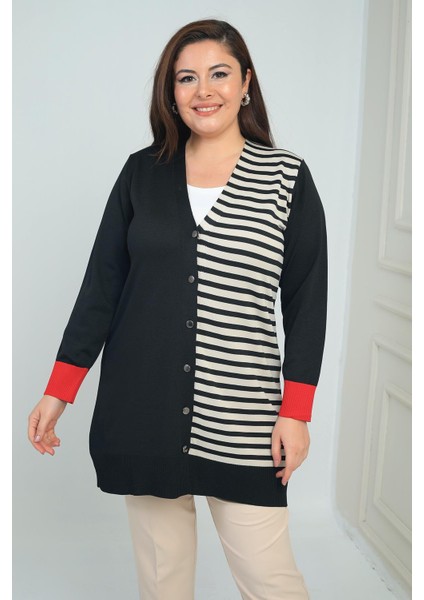 Kadıntek Tarafı Enine Çizgili Büyük Beden Uzun Hırka modelleri