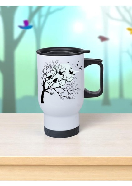 Kuşlar ve Ağaç Baskılı Kulplu Çelik Bardak Termos 450 ml
