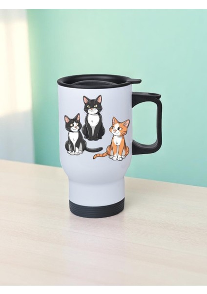 Kedi Grubu Baskılı Kulplu Çelik Bardak Termos 450 ml