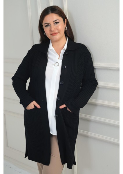 Kadın Önü Desenli Cepli Fitilli Büyük Beden Likralı Triko Hırka modelleri