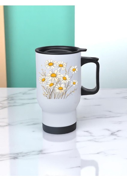 Papatyalar Baskılı Kulplu Çelik Bardak Termos 450 ml