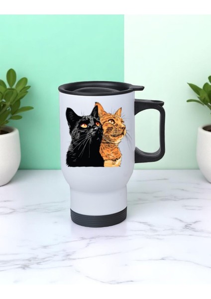 Turuncu ve Siyah Kedi Baskılı Kulplu Çelik Bardak Termos 450 ml