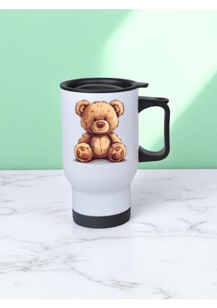 Sevimli Ayıcık Baskılı Kulplu Çelik Bardak Termos 450 ml