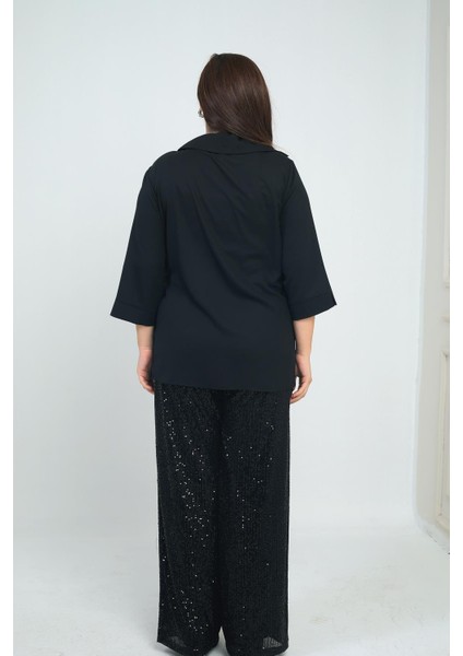 Kadın Kruvaze Polo Yaka Tek Tarafı Pulpayet Yanı Bağcıklı Krep Şifon Büyük Beden Bluz fırsatları