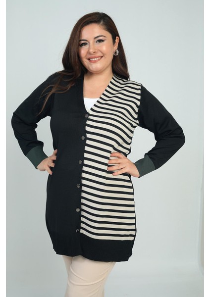 Kadıntek Tarafı Enine Çizgili Büyük Beden Uzun Hırka fiyatları