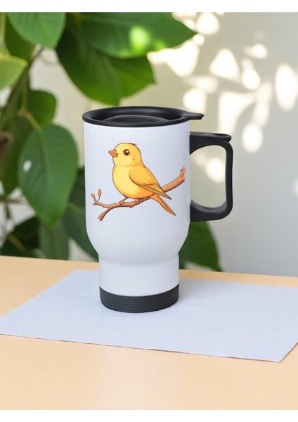 Sevimli Kuş Baskılı Kulplu Çelik Bardak Termos 450 ml