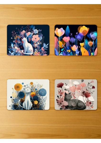 Kedi ve Çiçek Baskılı Mousepad 4'lü Mouse Pad Seti 17X21 cm