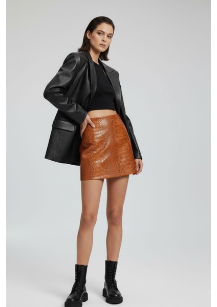 Konyak Kroko Desenli Hakiki Deri Mini Etek modelleri