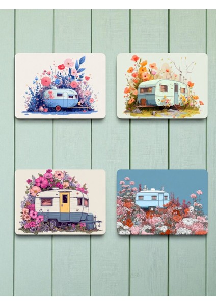 Karavan ve Çiçek Baskılı Mousepad 4'lü Mouse Pad Seti 17X21 cm