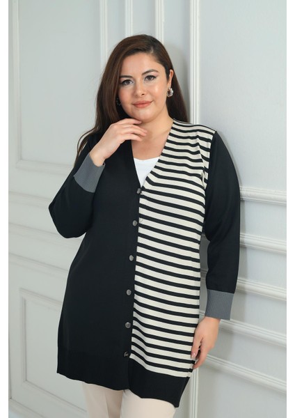 Kadıntek Tarafı Enine Çizgili Büyük Beden Uzun Hırka