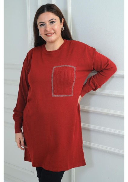 Kadın Önü Tek Cepli Taş Baskı Detaylı Büyük Beden Trikotunik Bluz