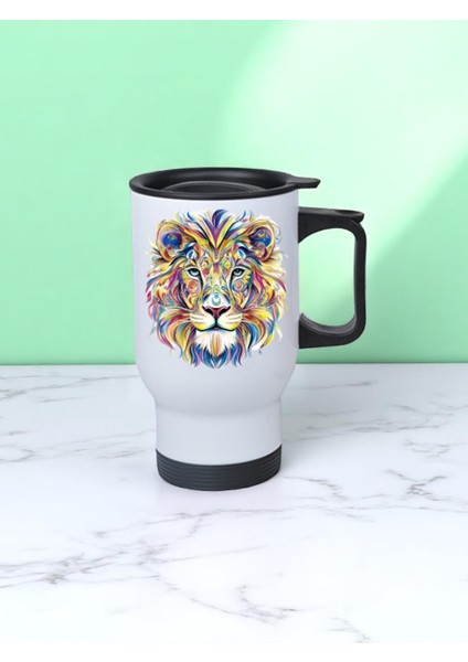 Renkli Aslan Baskılı Kulplu Çelik Bardak Termos 450 ml