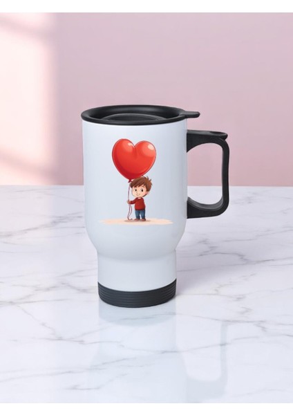 Kalp ve Çocuk Baskılı Kulplu Çelik Bardak Termos 450 ml