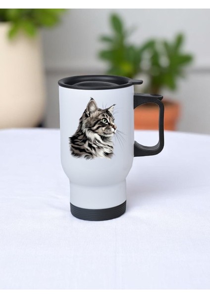 Dalgın Kedi Baskılı Kulplu Çelik Bardak Termos 450 ml