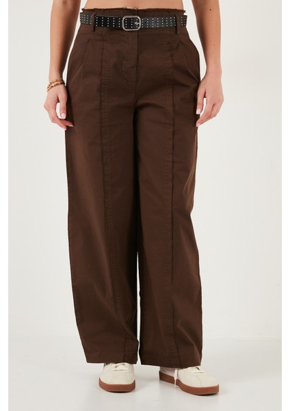 Pamuklu Relaxed Fit Geniş Paça Dikiş Detaylı Kemerli Pantolon Bayan Pantolon 68351208 modelleri