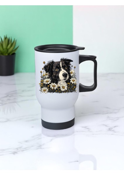 Papatyalar ve Köpek Baskılı Kulplu Çelik Bardak Termos 450 ml