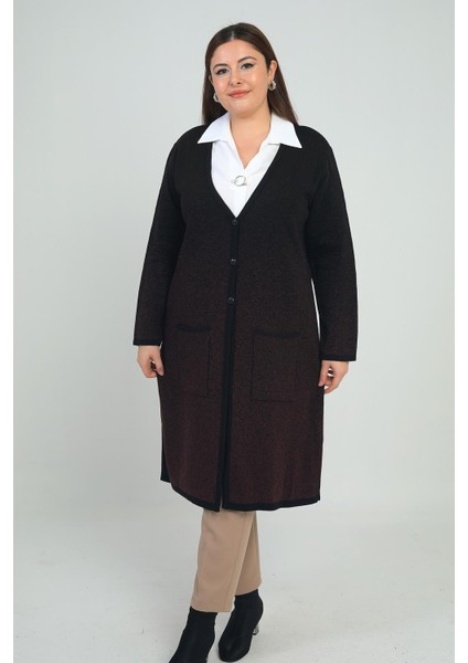 Kadın Karyağdı Desen Cepli Büyük Beden Triko Uzun Hırka