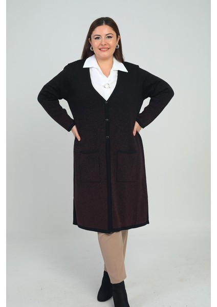 Kadın Karyağdı Desen Cepli Büyük Beden Triko Uzun Hırka fiyatları