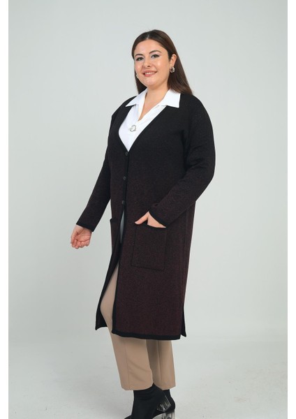 Kadın Karyağdı Desen Cepli Büyük Beden Triko Uzun Hırka modelleri